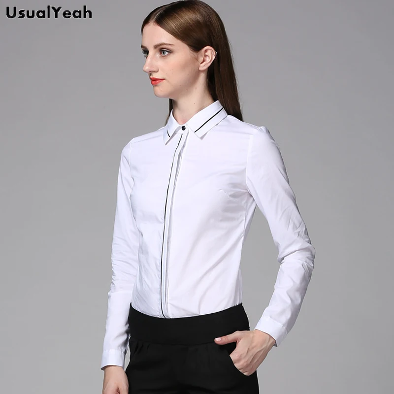 Usualyeah Nieuwe Vrouwen Mode Ol Lange Mouwen Body Shirt Wit Werk Blouses Shirts Zwart Streep Blusas Femininas S-XXL SY0325