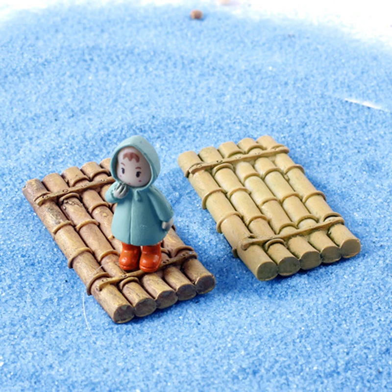 Mini Craft Figurine Plant Blue Boat Bamboo Raft Sailing Pot Garden Ornament Miniature Fairy Garden