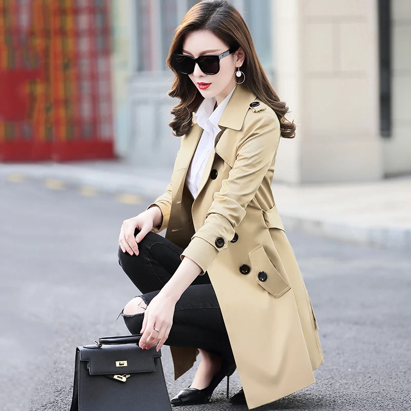 

British Style With Belt Trench Bur Brand Elegant Female Long Coat Autumn Spring Trench Coat for Women Maxi Plus Size 6XL 5XL