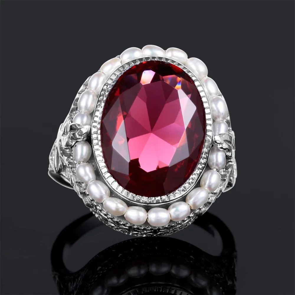 Anillo de plata de ley 100% con perlas naturales de agua dulce para mujer, sortija de circonia cúbica con piedras de rubí de laboratorio, elegante, para boda
