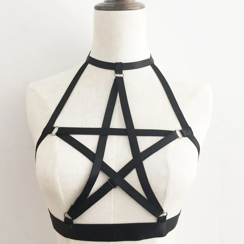 

women new body harness Pentagram harness bra Harajuku Gothic sexy lingerie black Elastic Pole dance Pentagram harness cage Bra