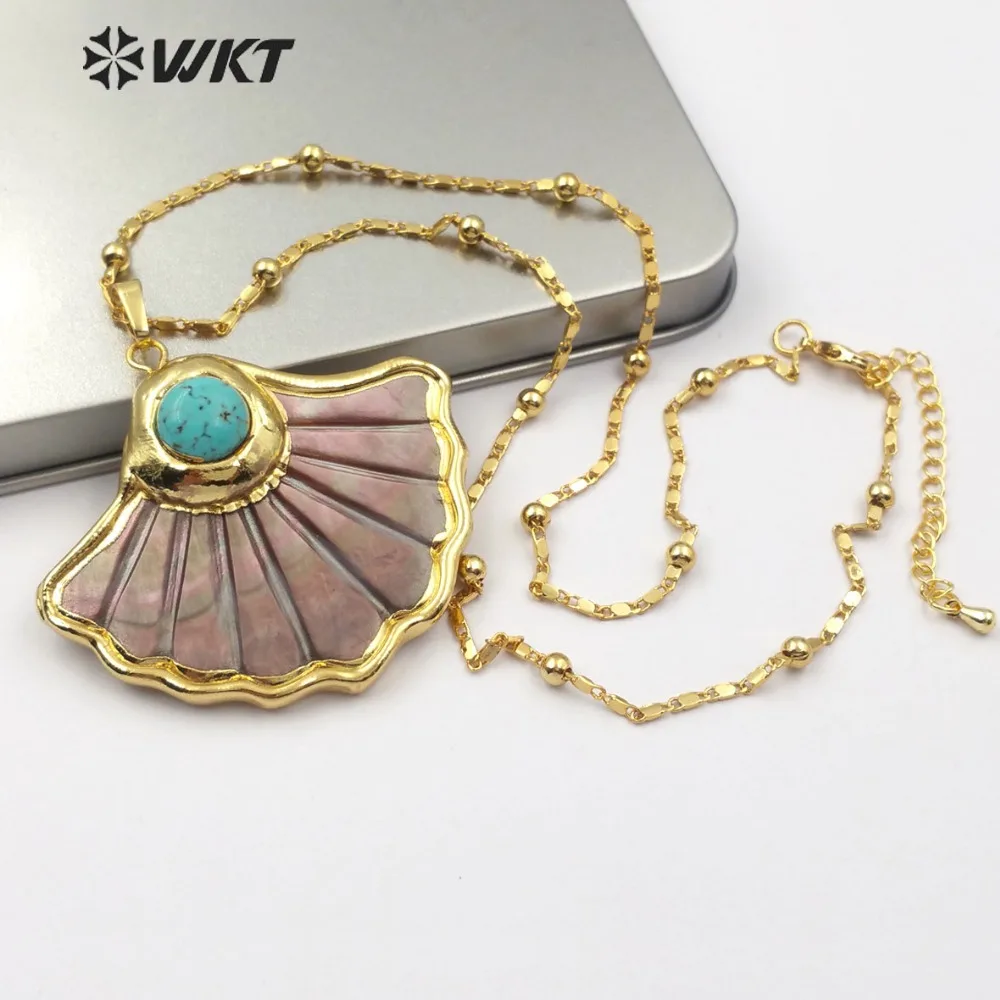 WT-JN065 Skirt Shape Carved Shell Necklace Black Shell With Turquoises&Pearl Charm Pendant Women Necklace Jewelry Boho Gift