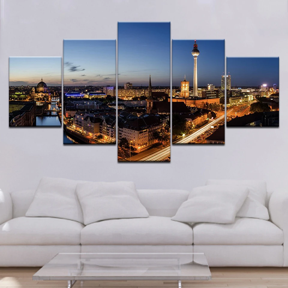 Printed city night scenery picture painting canvas frame 5 Panels Wall Art modern Modular Poster for Living Room Home Decor