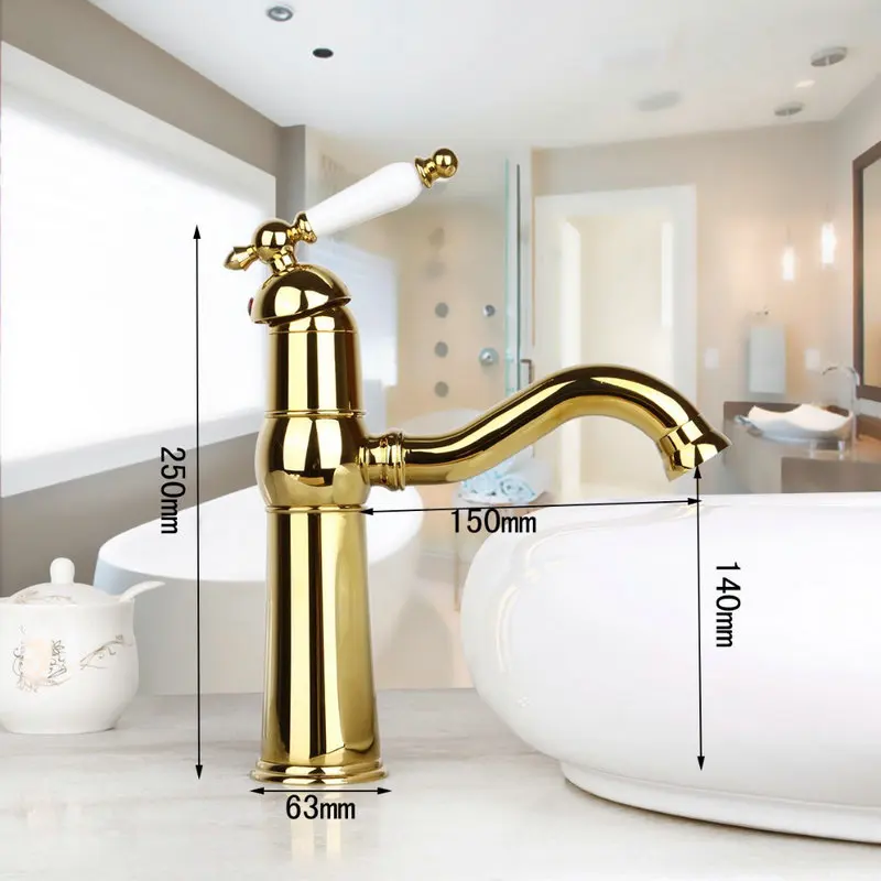 New Gold Plated Tall Bathroom Basin Sink Faucet White Ceramic Single Handle Swivel Rotated Stream Kitchen Faucet Mixer Tap