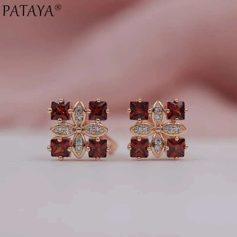 PATAYA Women Four Square Luxury Earrings 585 Rose Gold Color Natural Zircon Earrings Wedding Jewelry Bridal Party AAA Earrings