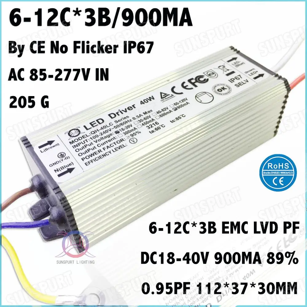 

3 Pcs TUV-CE No Flicker PF IP67 40W AC85-277V LED Driver 6-12Cx3B 900mA DC18-40V Constant Current For Ceiling Lamp Free Shipping