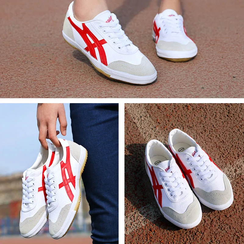 USHINE EU34-44 Quality Red Blue Canvas Classic Retro Table Tennis Shoes Fitness KungFu TaiChi Shoes For Man Women