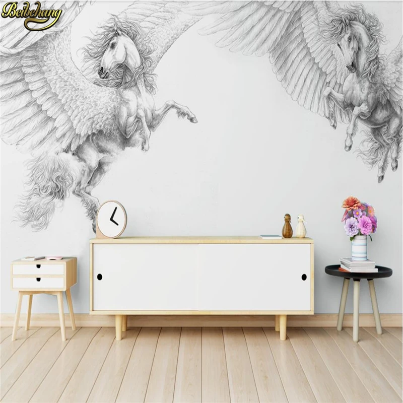 

beibehang Custom photo wallpaper mural Nordic modern hand-painted black and white Pegasus background wall papers home decor