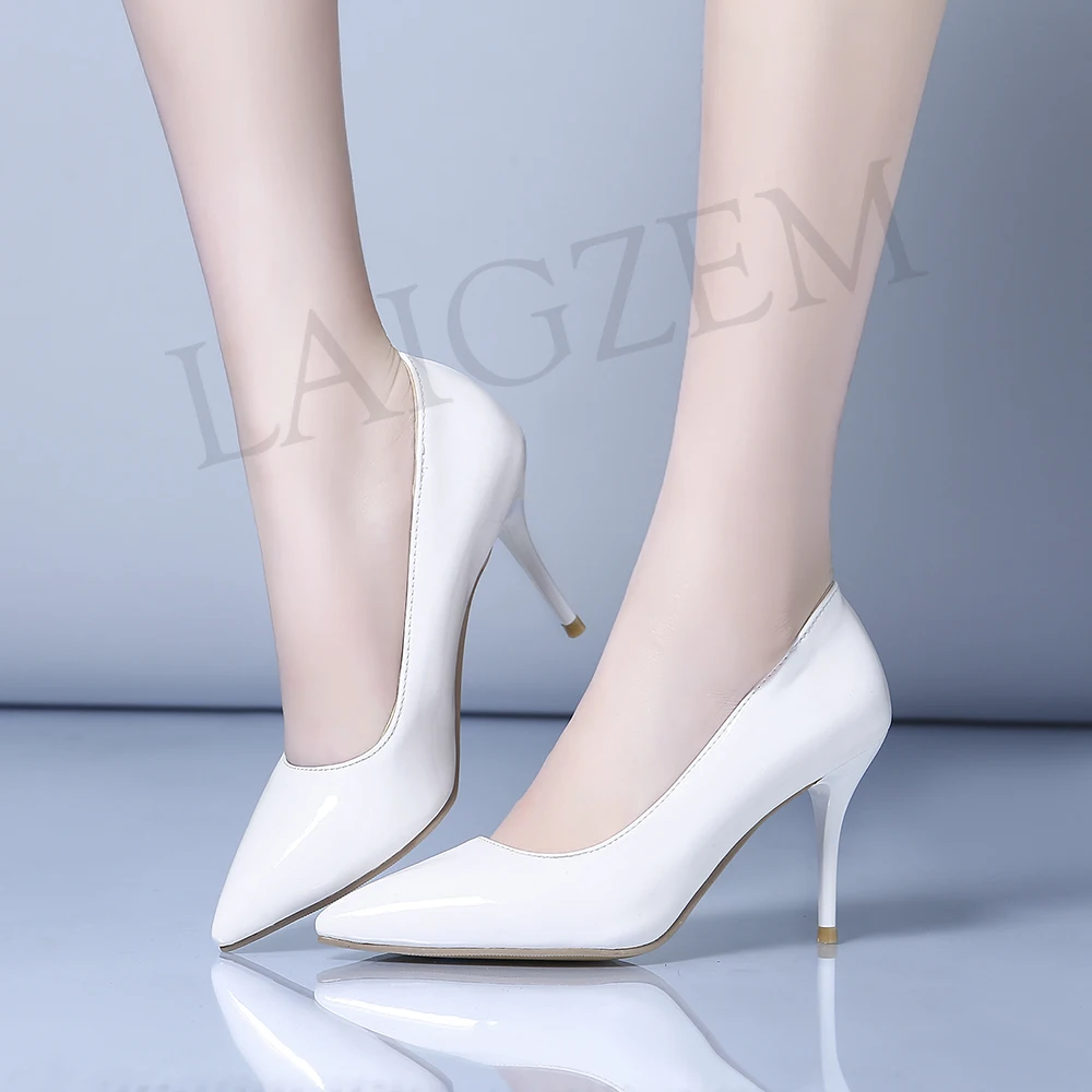 LAIGZEM FASHION Women Heels Pointy Toe Stiletto High Heels 6/8/12CM Pumps Dress Wedding Work Basic Shoes Woman Big Size 33-47