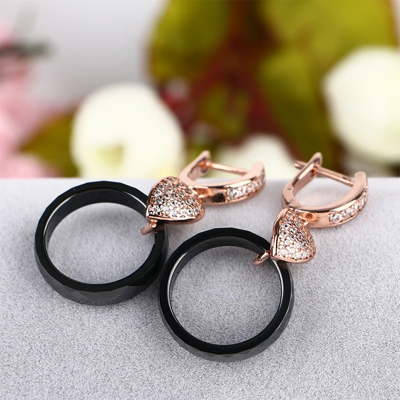 Simple Style Black White Circle Ceramic Pendant Earrings for Women Rose Gold Color Bling Heart Ear Earring Jewelry Wedding Gift