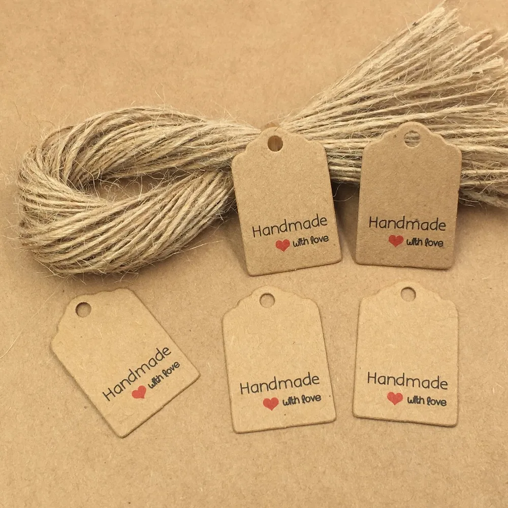 

200pcs 3x2cm Kraft Paper Handmade Gift Tags With Strings,Wedding Packing Labels Love Paper Card/Price tags,Handmade Hang tags