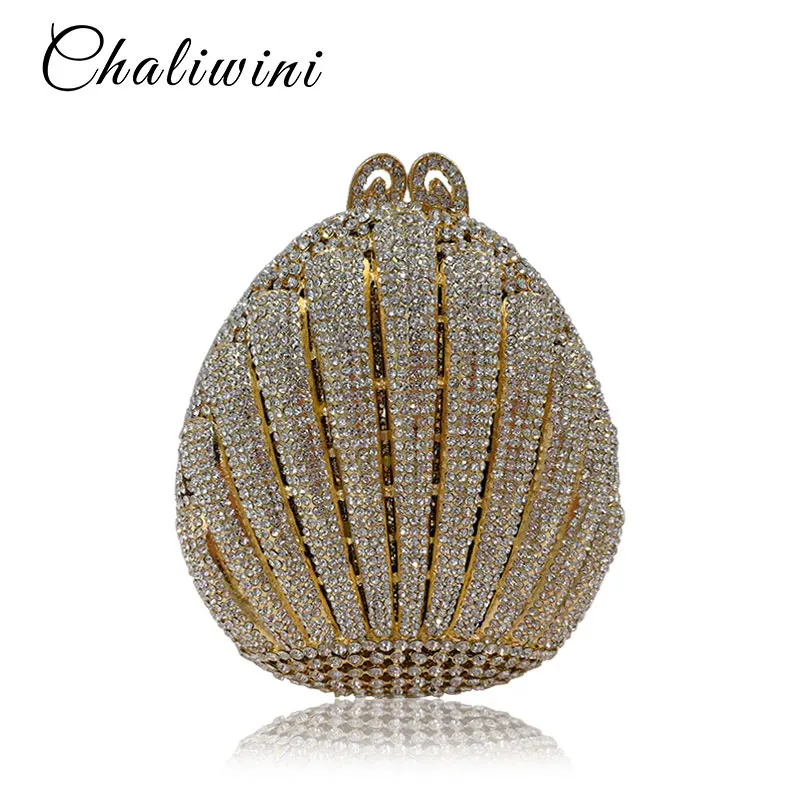 straw bag Hollow Out Crystal Evening Oval Women Clutch Bags Female Clutches Wedding Party Purse With Long Chain bolsos mujer