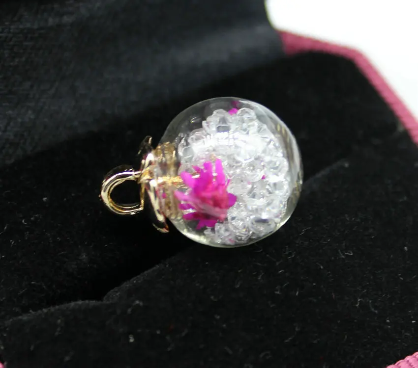 40pcs of Fuschia dried flower and rhinestone glass dome pendant- dried flowers transparent glass ball shaped 16mm