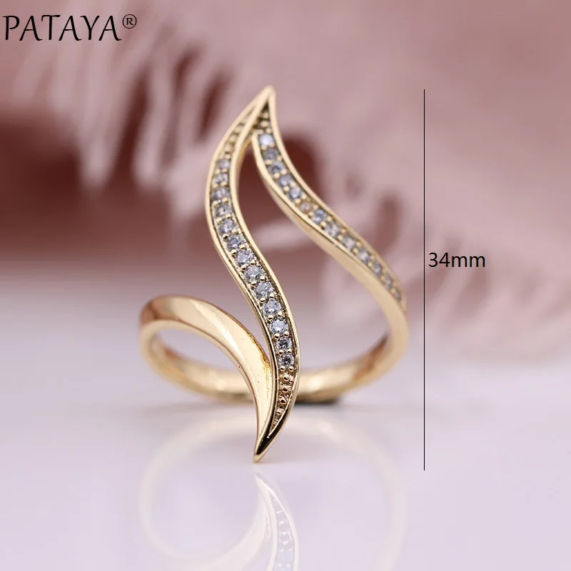 PATAYA New Fine Hyperbole Curve Women Rings Round Micro Wax Inlay Natural Zircon 585 Rose Gold Color Fashion Jewelry Unique Ring