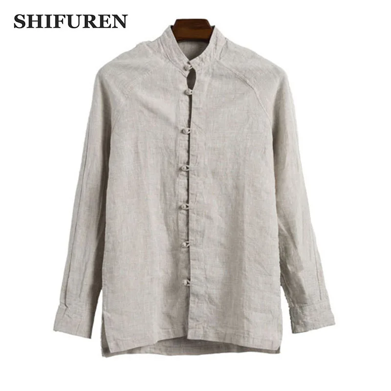 

SHIFUREN Breathable Men Linen Shirts Long Sleeve Retro Chinese Style Mandarin Collar Traditional Kung Fu Casual Social Shirts