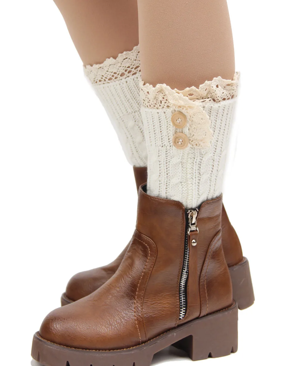 Fashion Double Button Cable Knitted Boot Cuff Short Leg Warmer Womens Boot Socks Knitted Lace Trim Fashion Boots Accessories
