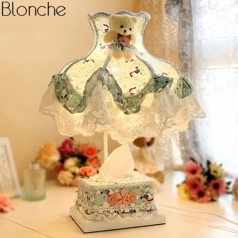 Korean Princess Lace Table Lamp with Tissue Box Led Stand Desk Light Bedroom Bedside Lamp Romantic Light Fixtures Home Decor E27