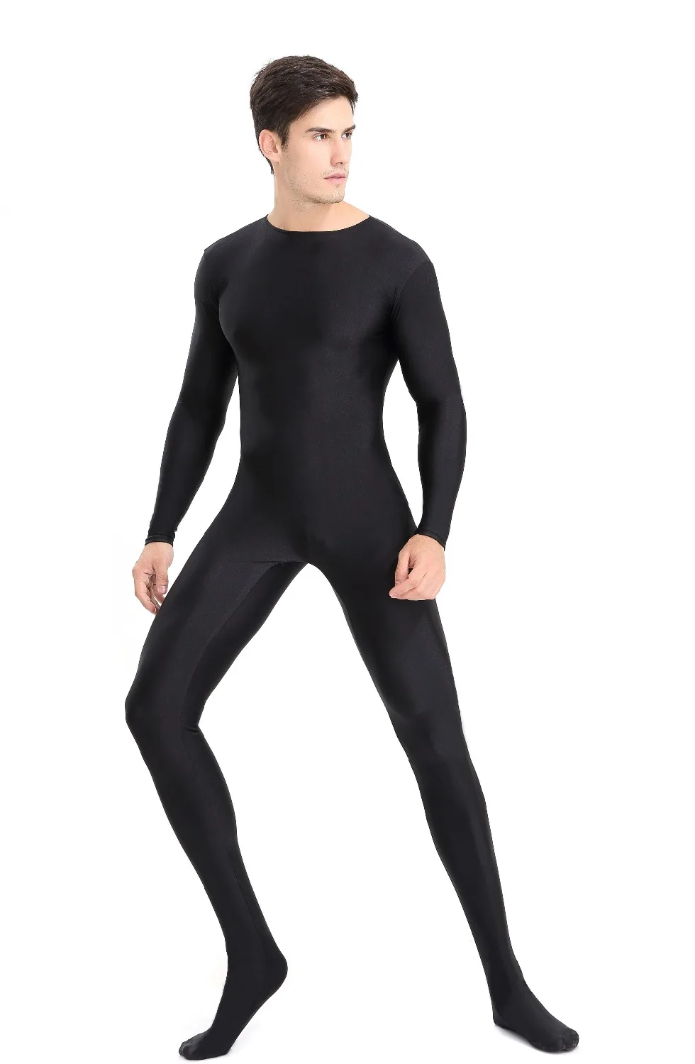 Terno de corpo inteiro do Spandex Zentai masculino, unitard preto de manga longa, bodysuit adulto com zíper preto, trajes cosplay