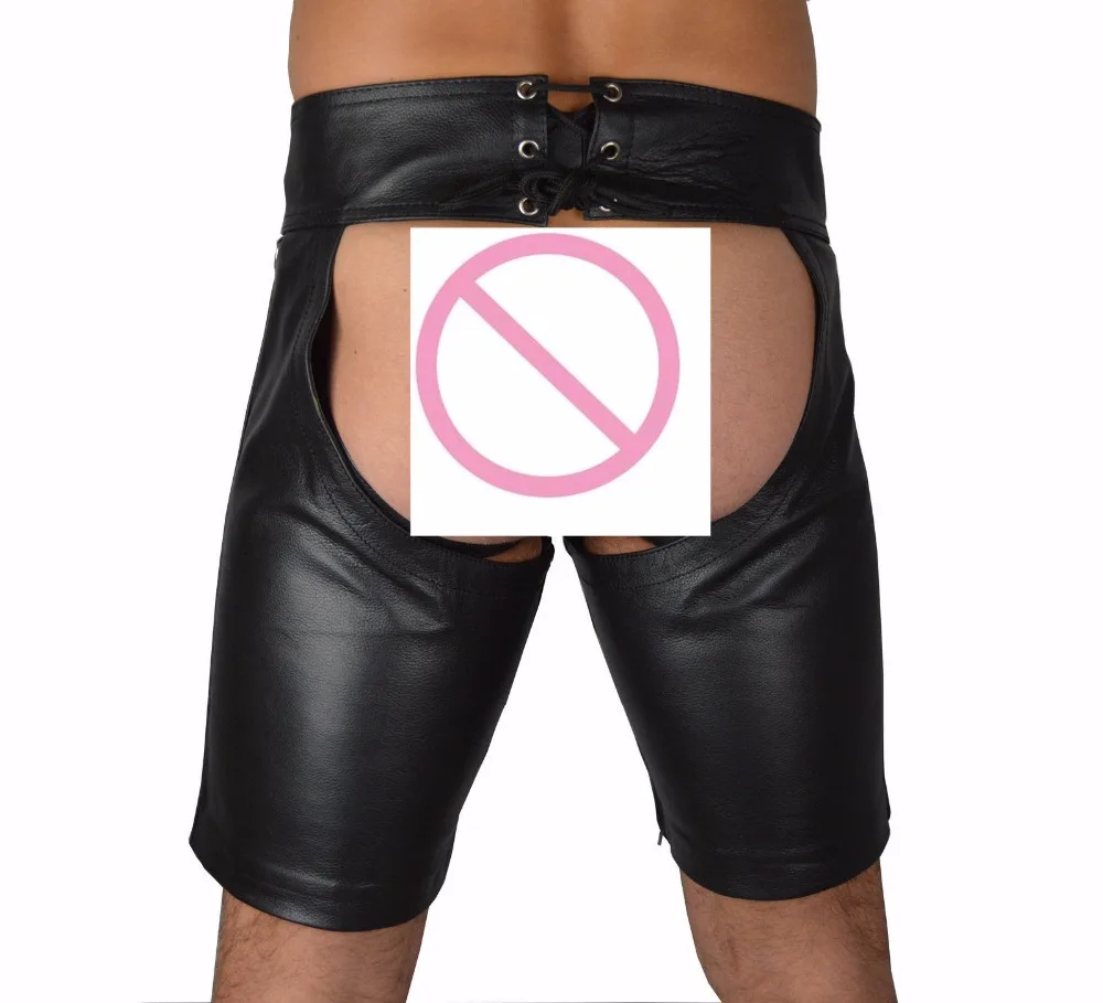 Sexy Lingerie New Hot Black Mens Latex PVC Bondage Open Cortch Shorts Gothic Fetish Gay Men Faux Leather Lace Up Pants