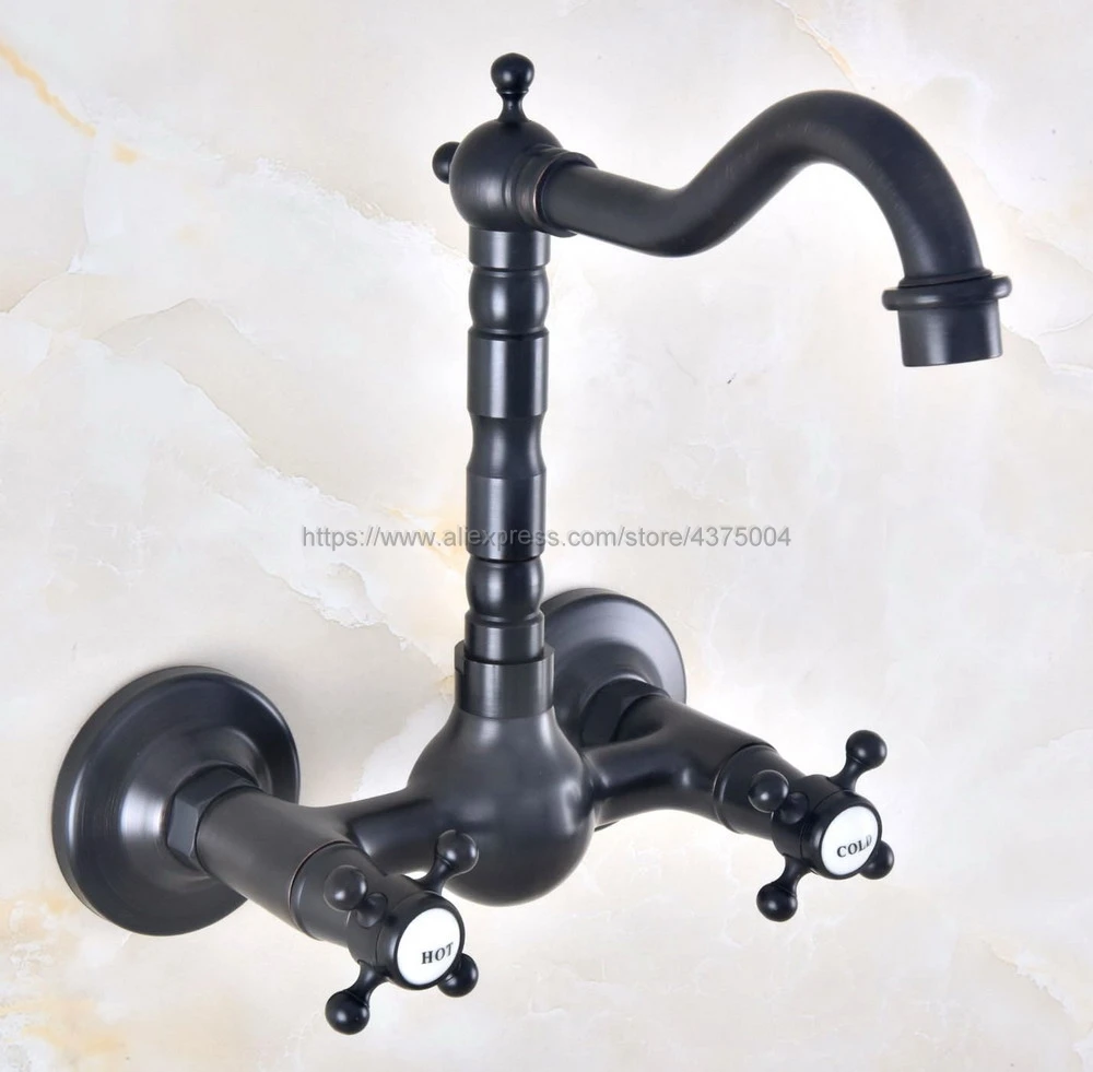 

Oil Rubbed Bronze Bathroom Mixer Taps Double Handles Wall Mounted 360 Swivel Faucets Nnf469