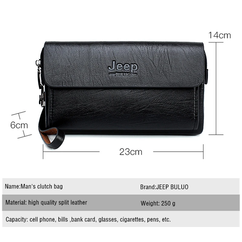 JEEP BULUO-Bolso de mano de cuero virgen para hombre, cartera de mano de alta calidad para teléfono y bolígrafo