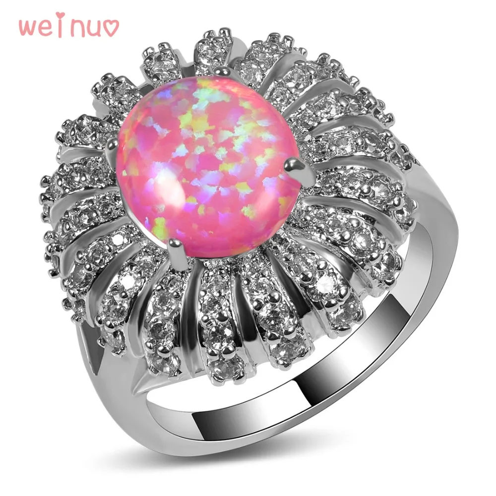 Weinuo Pink Opal White Crystal Flower Type Ring 925 Sterling Silver Top Quality Jewelry Wedding Ring Size 5 6 7 8 9 10 11 A281