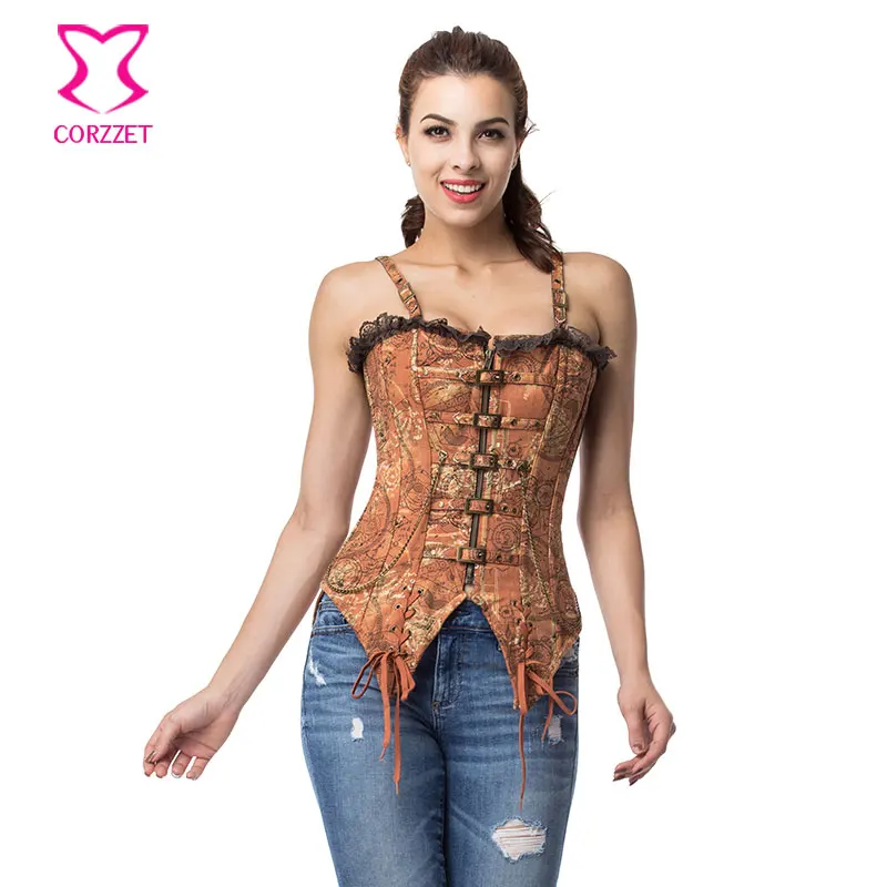 

Corzzet Vintage Brown Brocade Zipper Buckle Steel Boned Overbust Straps Corset Lace Swallowtail Waist Trainer Steampunk Corsets