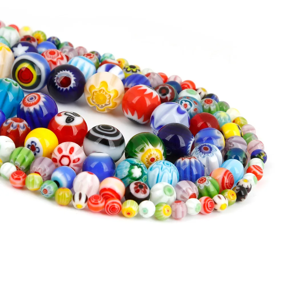 Size 4MM 6MM 8MM 10MM Beads Mixed Color Millefiori Flower Lampwork Glass Round Spacer Beads For Jewelry Making DIY Kids Gifts