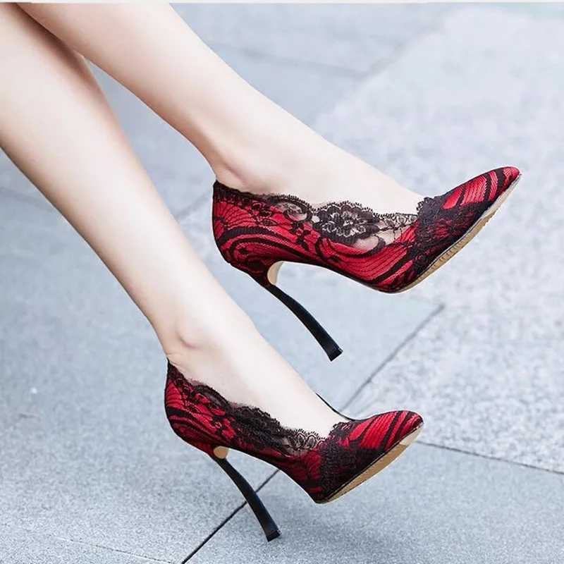 

Shoes woman high heels pumps lace pointed toe stiletto slip-on shallow dress wedding shoes red apricot white pumps free ship