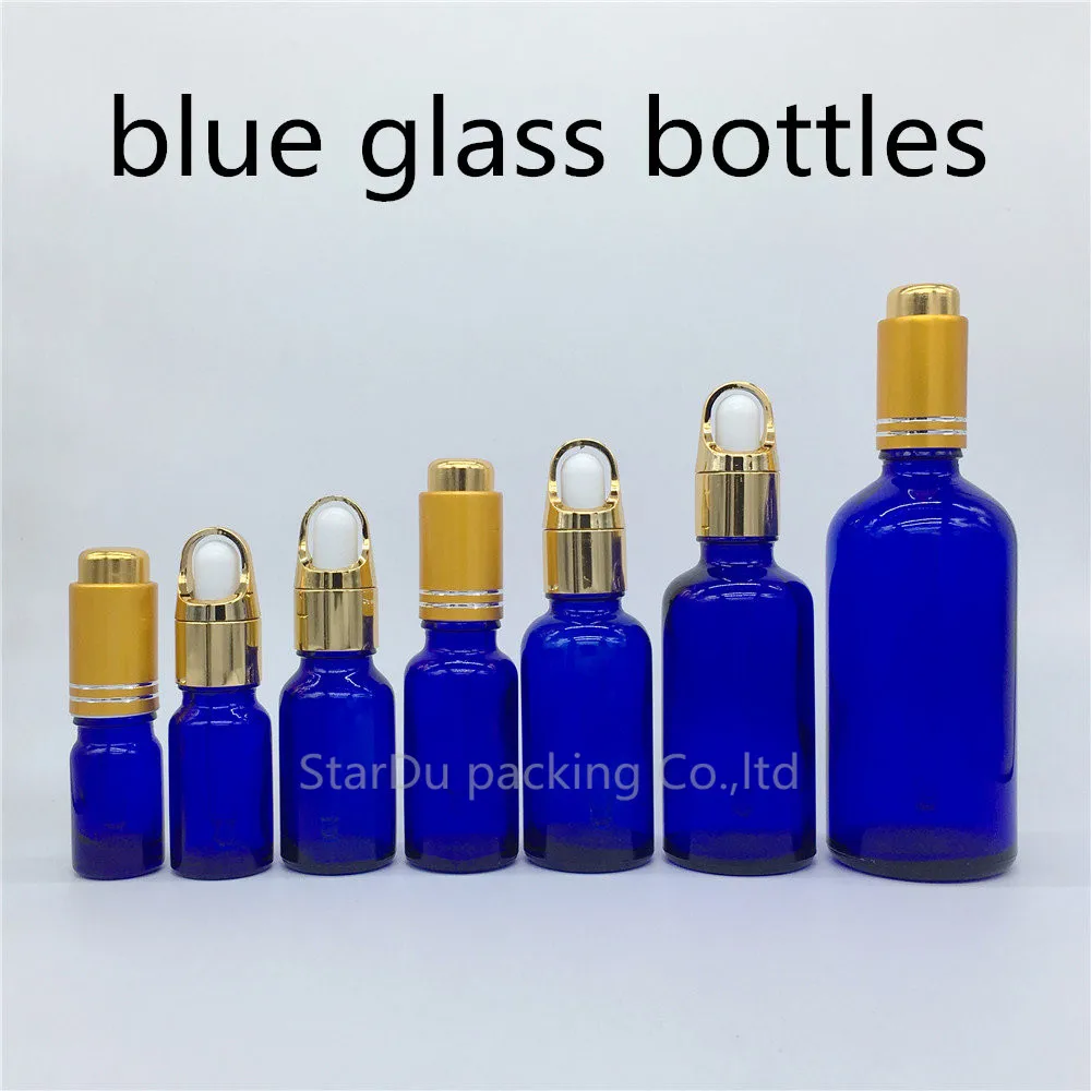 

5ml 10ml 15ml 20ml 30ml 50ml 100ml Blue Glass Essential Oil Bottle With Gold Press Dropper Blue Glass Perfume Bottles 500pcs/lot