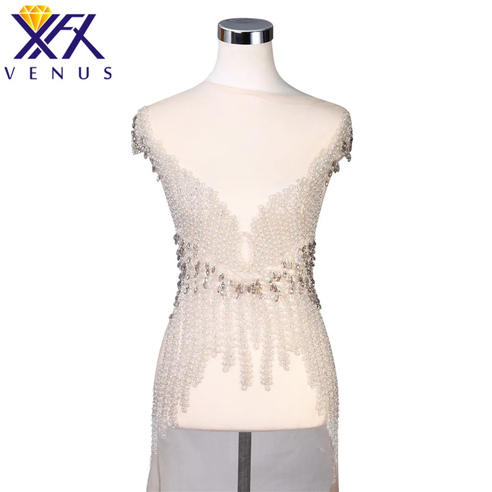 XFX VENUS Handmade Crystal Sequin Wedding Long Patches Rhinestone Pearl Appliqued Patch Wedding Applique for Costume