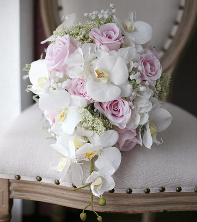 Flores artificiais cascata, buquê de rosas de orquídea rosa marfim 2018