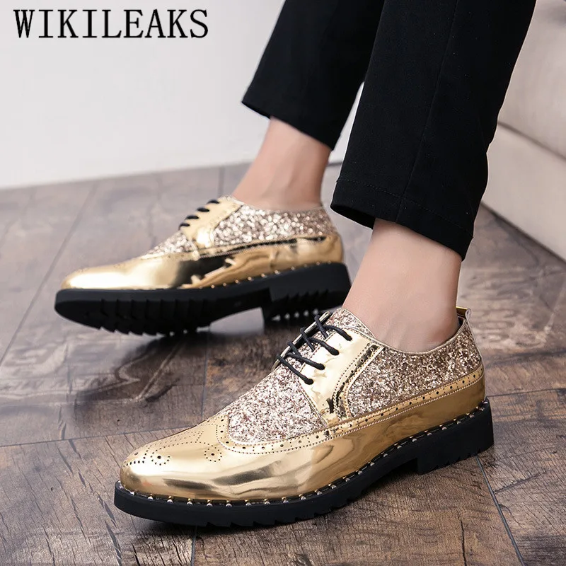 New Luxury Brand Coiffeur Gold Brogue Oxford Shoes For Men Italian Formal Wedding Dress Footwear Male Patent Leather Bling Shoes