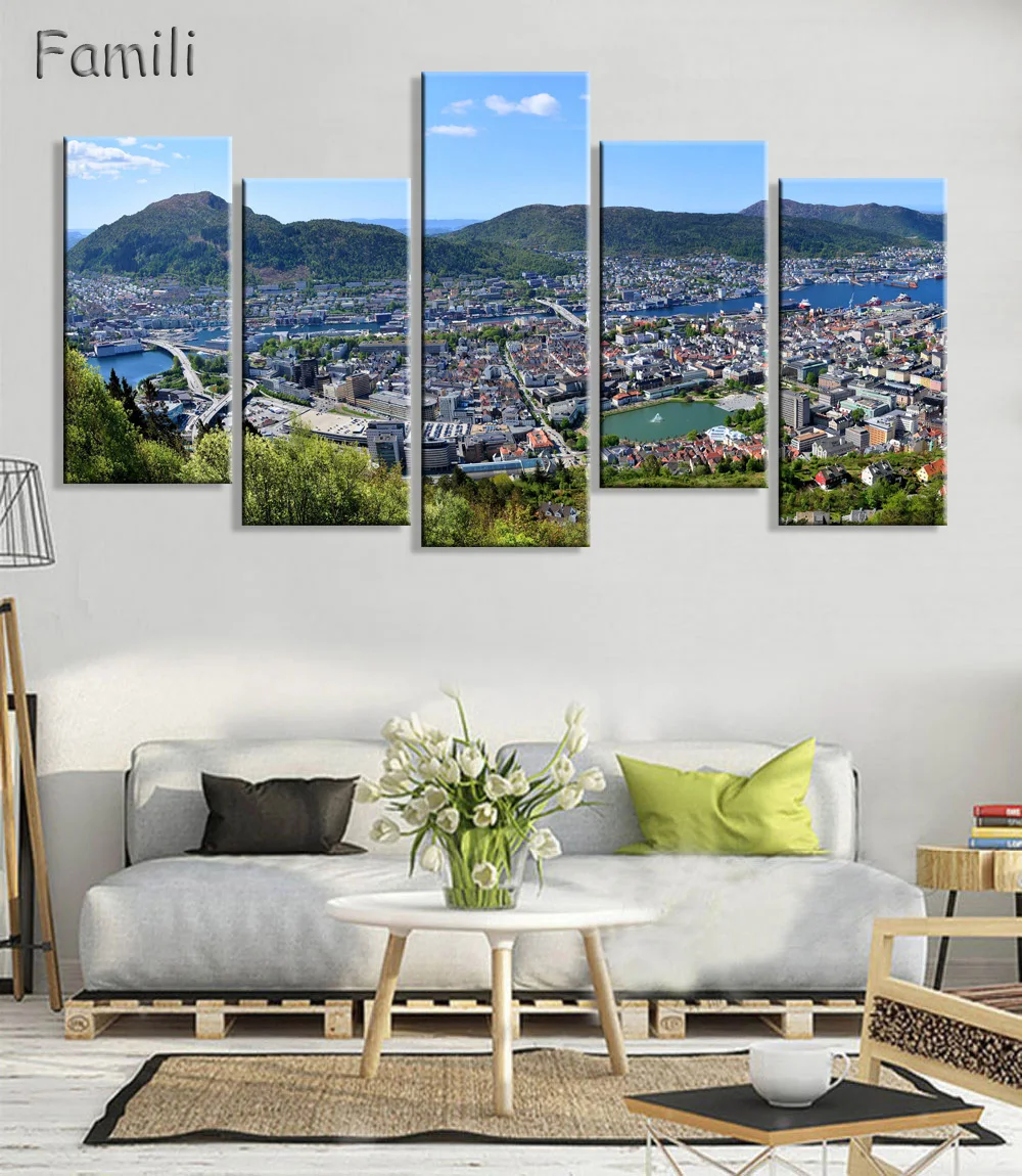 5pcs Norway mountains houses sky clouds trees bay sea beautiful Living room home art decor wood frame fabric poster