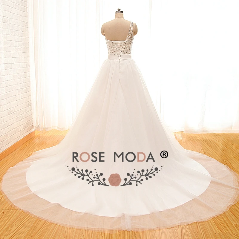 Rose Moda Beaded One Shoulder Princess Wedding Dress with Crystal Sash Real Photos