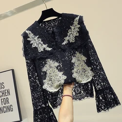 2019 Lace Shirts Blouse Female Long Sleeve Embroidered Jacquard Hollow Out Tops Women's Shirt Blouses Ladies Casual Shirts