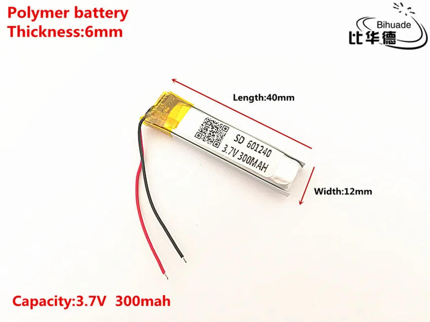 10pcs/lot 3.7V 300mAH 601240 Polymer lithium ion / Li-ion Rechargeable battery for DVR,GPS,mp3,mp4