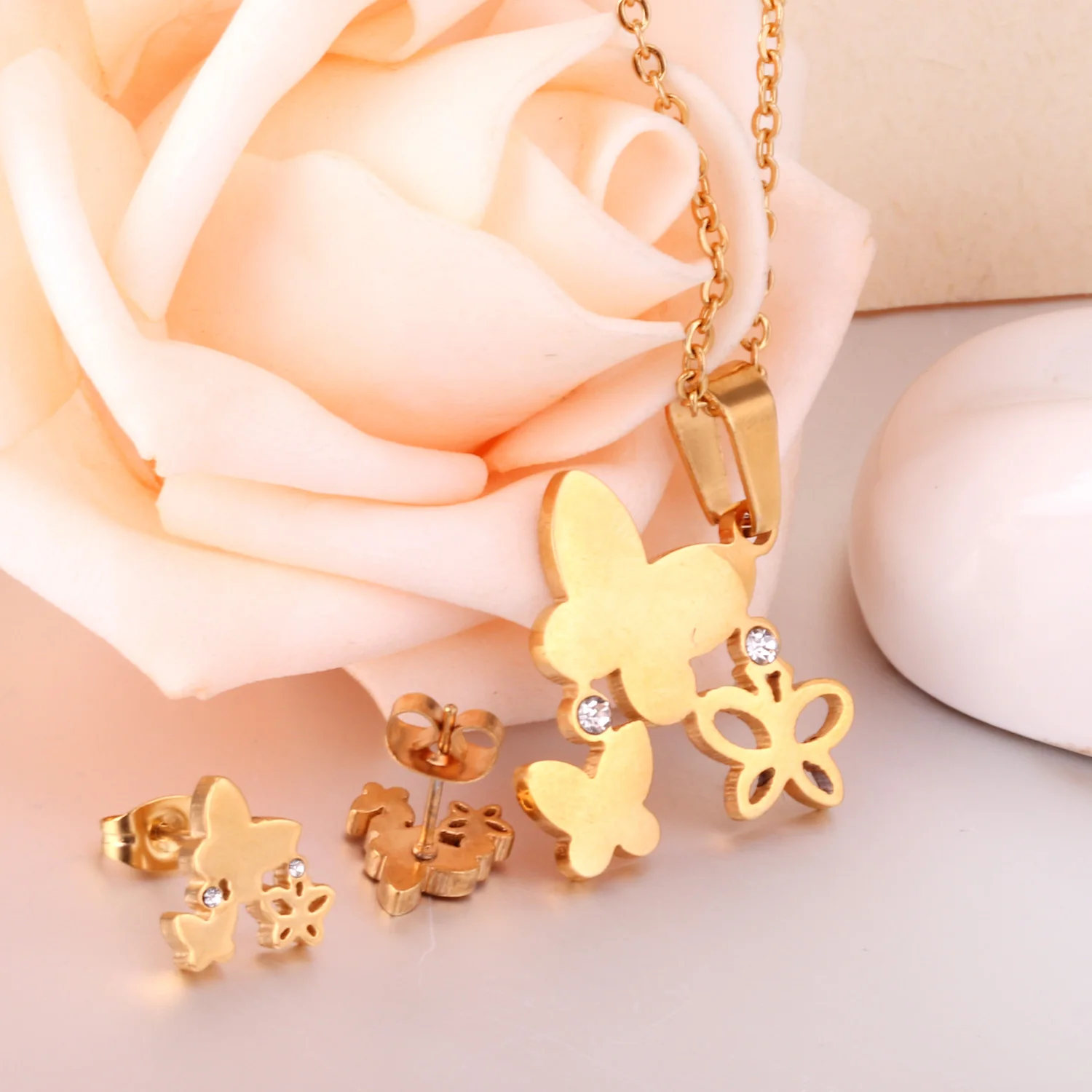 LUXUSTEEL Cute Jewelry Sets Stainless Steel Butterfly Pendant Necklace Earring Sets With Cubic Zirconia For Women/Girl Bijoux