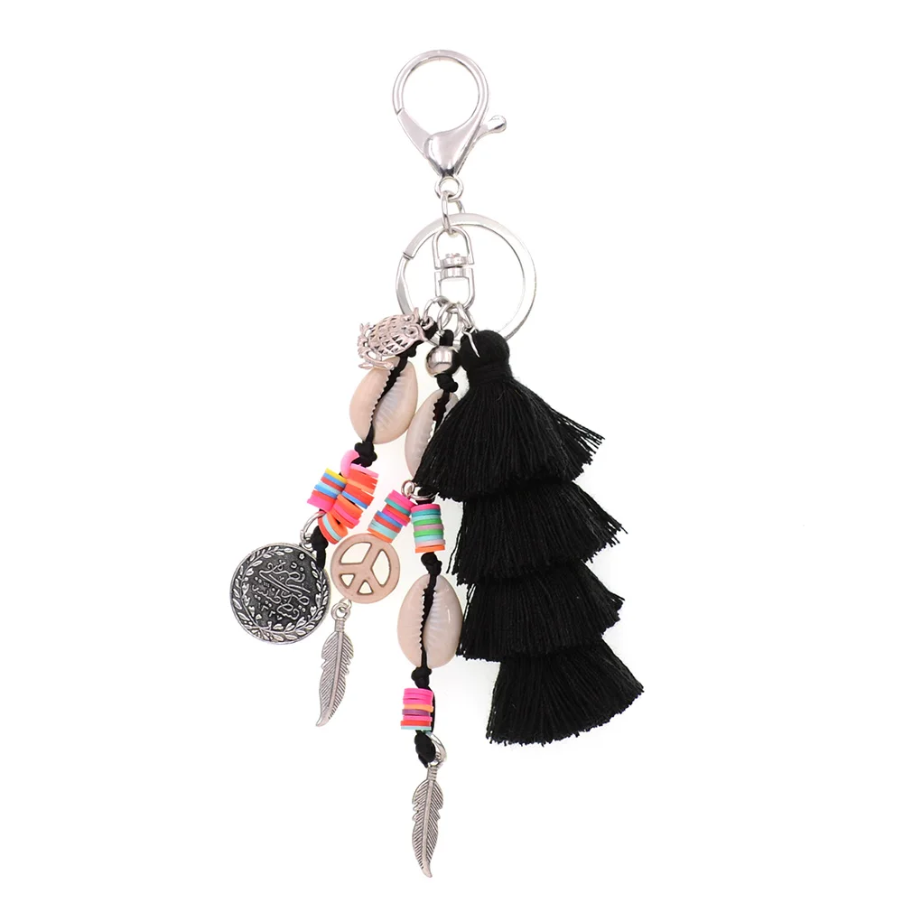 WELLMORE new handmade shell with long tassel alloy Key Chain For Women Girl Bag Keychain