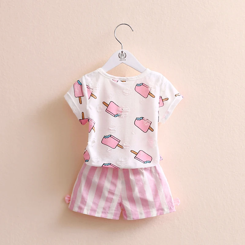 2024 Summer Cotton 2 3 4 6 8 10 Years Children Clothin Ice Cream Print White Pink T-Shirt+Stripe Bow Shorts 2 Pcs Kids Girl Set