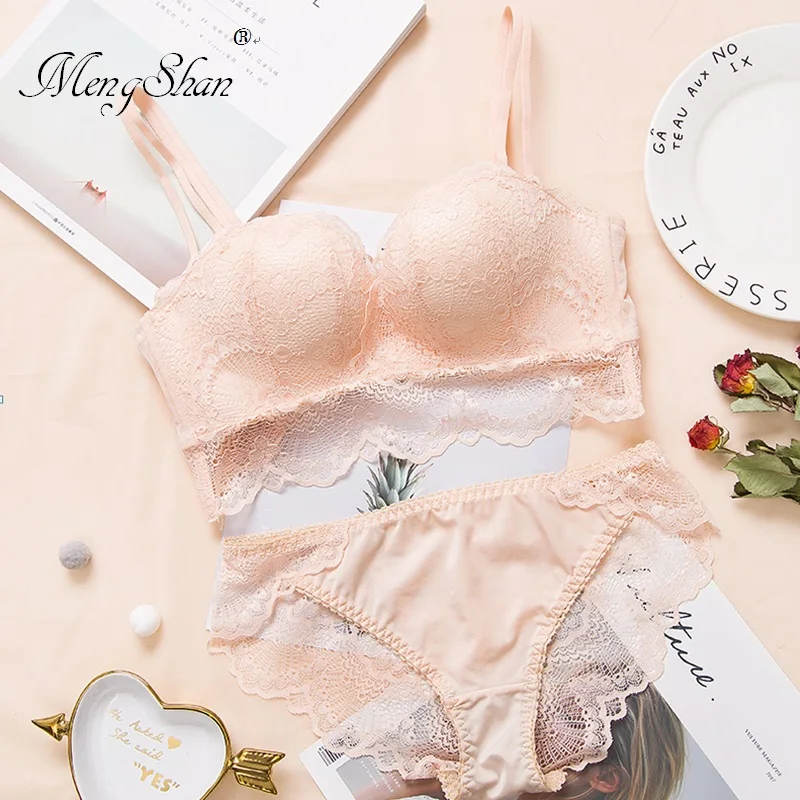 MengShan New Sexy Bra set Ring-free lace edge massage palm cup bra push up Adjustment type Comfortable gathering push up bra set