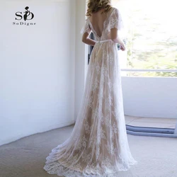 Vestido de novia de encaje con cuello en V, traje de boda Informal, color champán, romántico, 2022