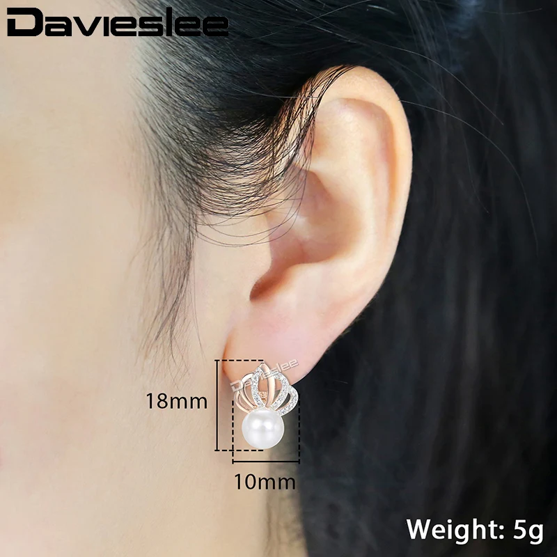 Davieslee Pearl Stud Earrings For Women 585 Rose Gold Color Rhinestones Crown Womens Stud Earring Fashion Jewelry Gift DGE150