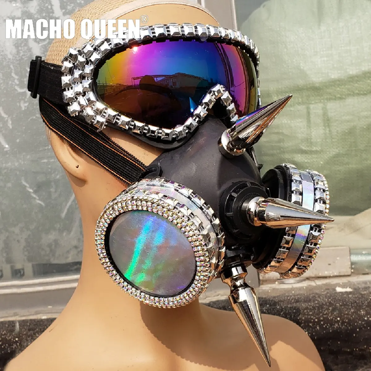 

Holographic Iridescent Streampunk Burning Man Accessies Spike Mask Costume Fashion Stage Show Summer Festival Rave Outfits Gear