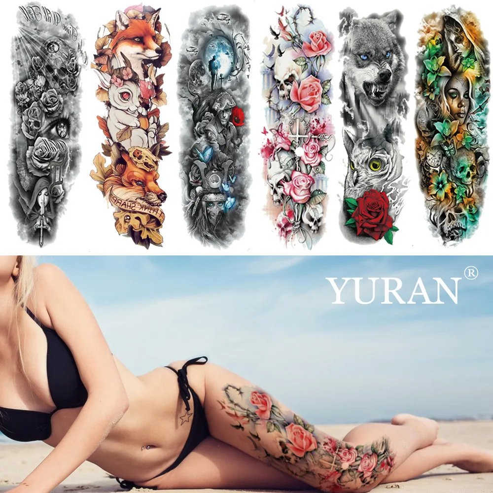 Long Big Full Arm Flash Tattoo For Women Body Leg Art Skull Rose Flower Decals Waterproof Fake Henna Temporary Tattoo Stickers