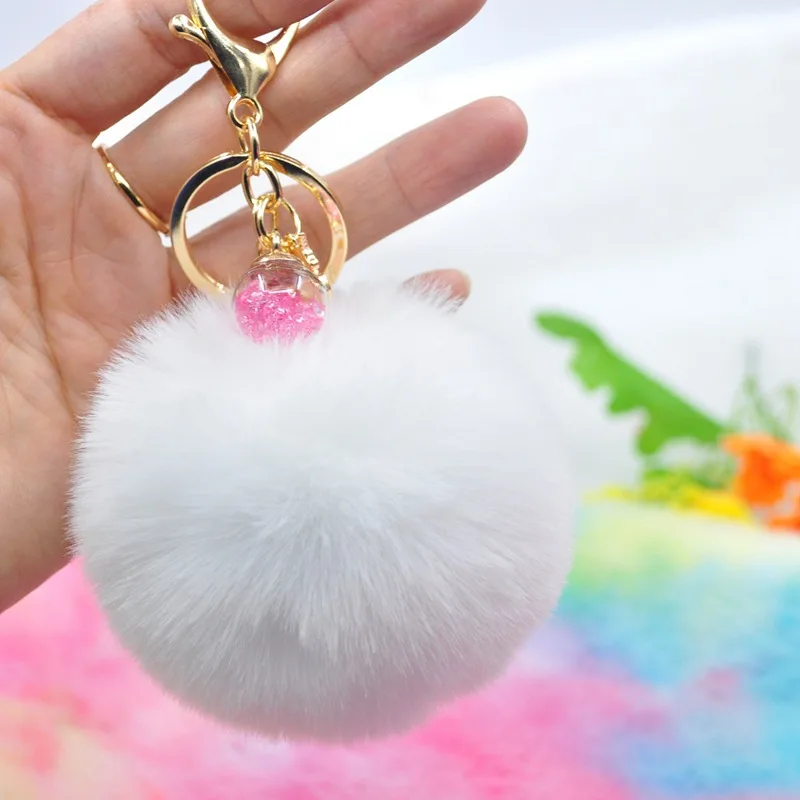 Fluffy Fur Pompom Ball Unicorn Keychain Female Crystal Charm Pompon Key Chain For Women Car Bag Trinket Party Gift