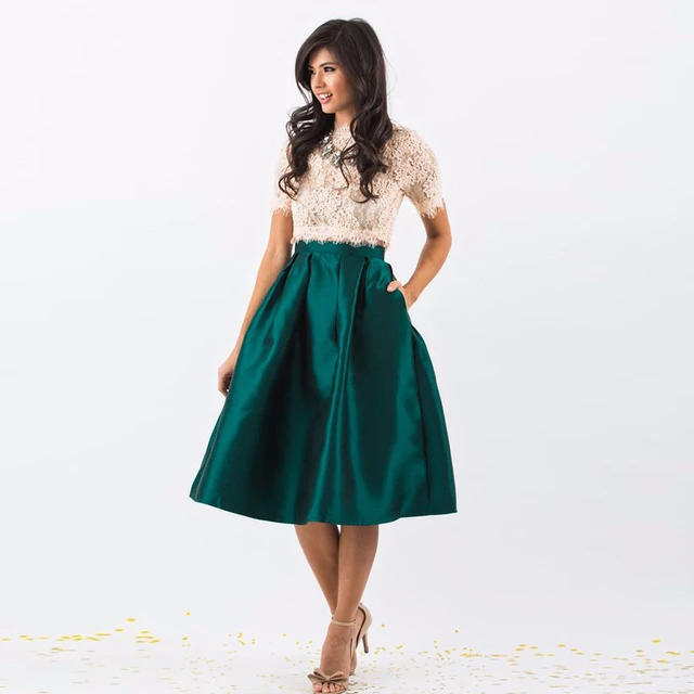 Best Quality Emerald Green Satin Skirt High Waist Knee Length Pleated Midi Skirt For Women To Office Formal Prom Skirt Custom Skirts AliExpress