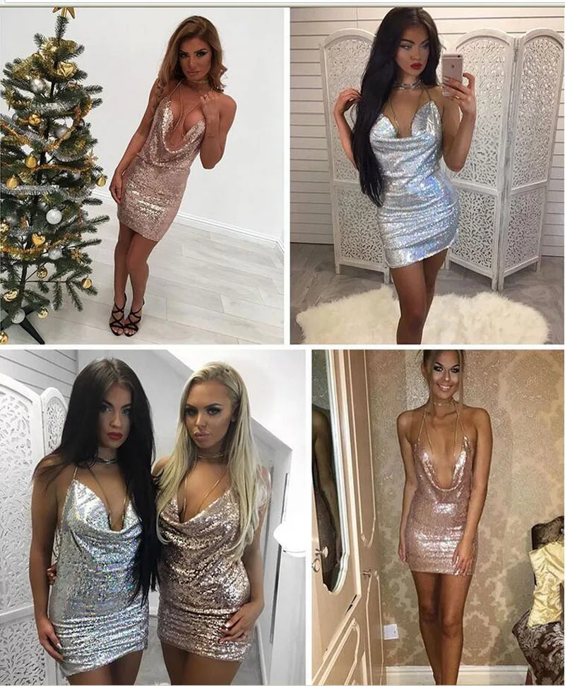 Luxury Sequined Dress Sexy Deep V Halter Backless Metal Women Split Sleeveless black Mini Party Dresses ukraine Vestidos