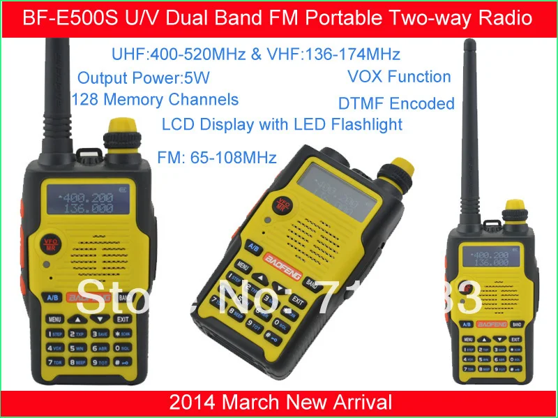 

2014 New!Baofeng BF-E500S 136-174MHz &UHF400-520MHz Dual Band 5W/1W 128CH FM 65-108MHz with Free Earphone Portable Two-way Radio