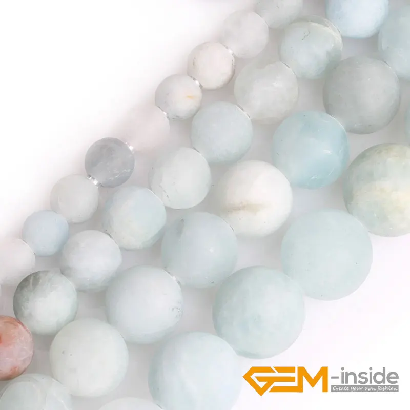 Selectable size: 6/8/10/12mm GEM-inside 1.5mm-2mm Big Hole Natural Round Blue Aquamarines Matte Beads For Jewelry Making15Inches